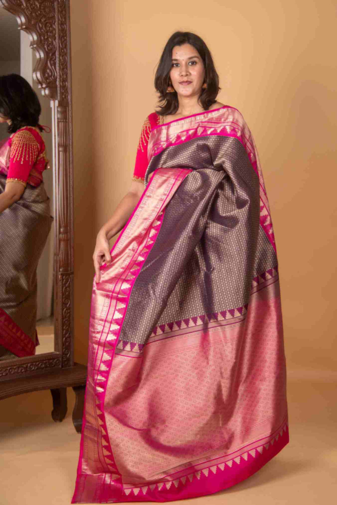 Purple and pink brocade silk saree