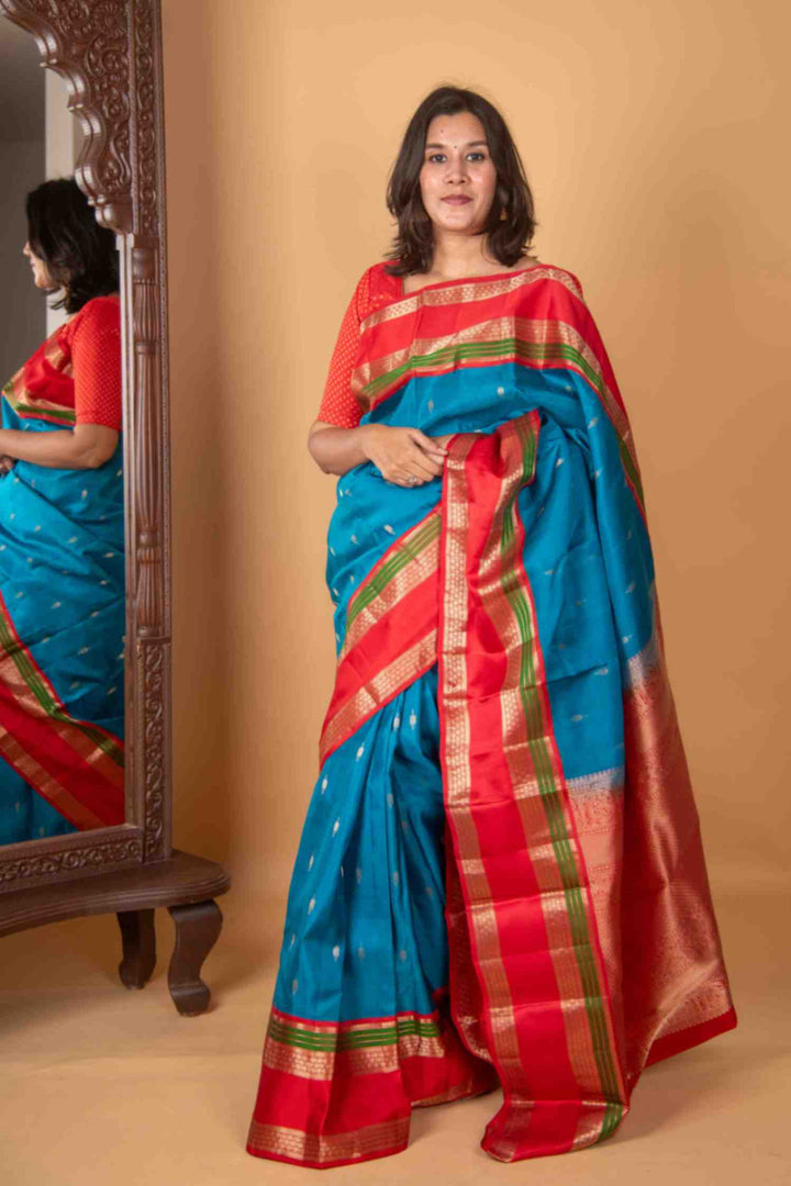 Electric blue and red korvai silk saree