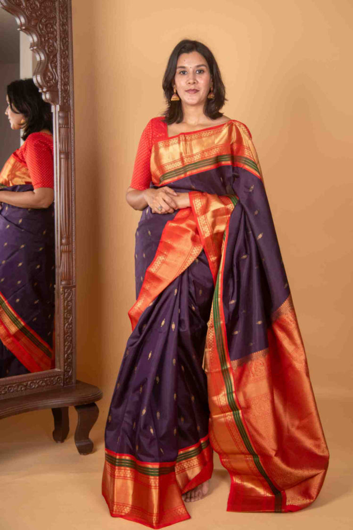 Purplish blue and Red korvai silk saree