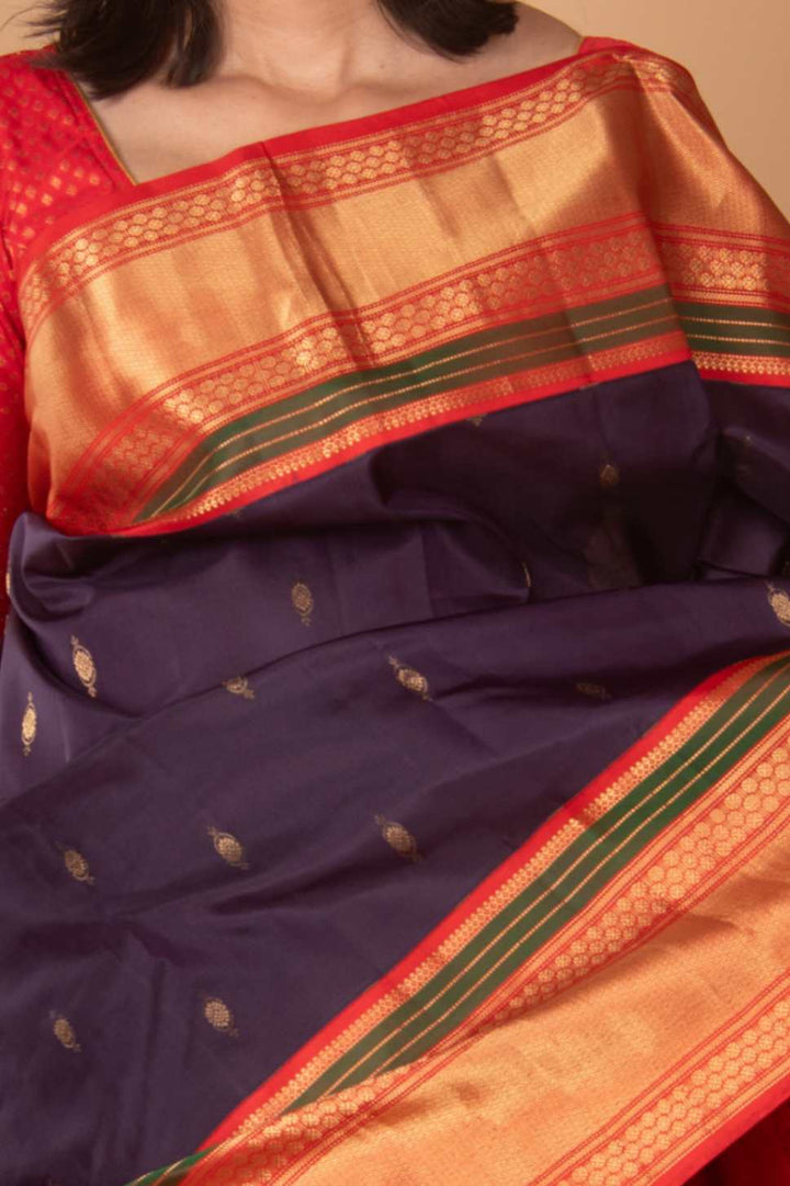 Purplish blue and Red korvai silk saree