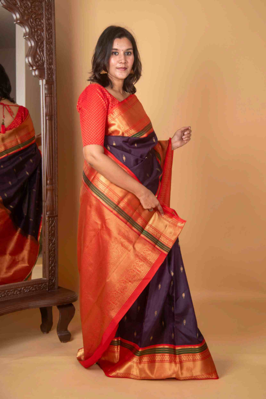 Purplish blue and Red korvai silk saree