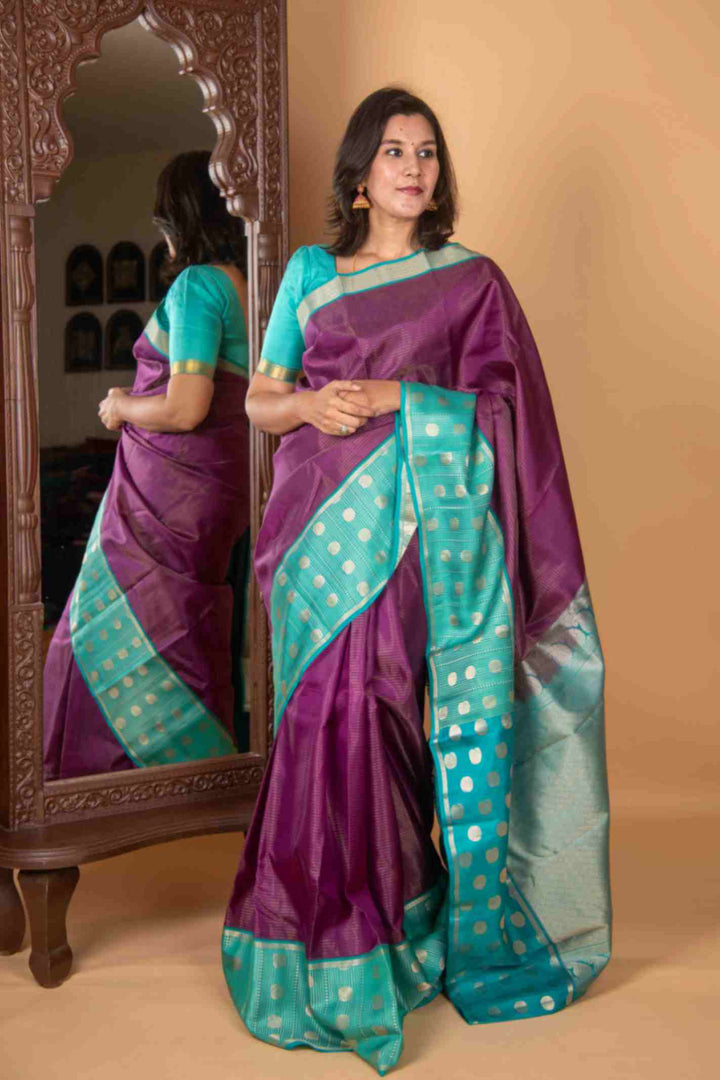 Purple and aqua blue vairaoosi korvai silk saree