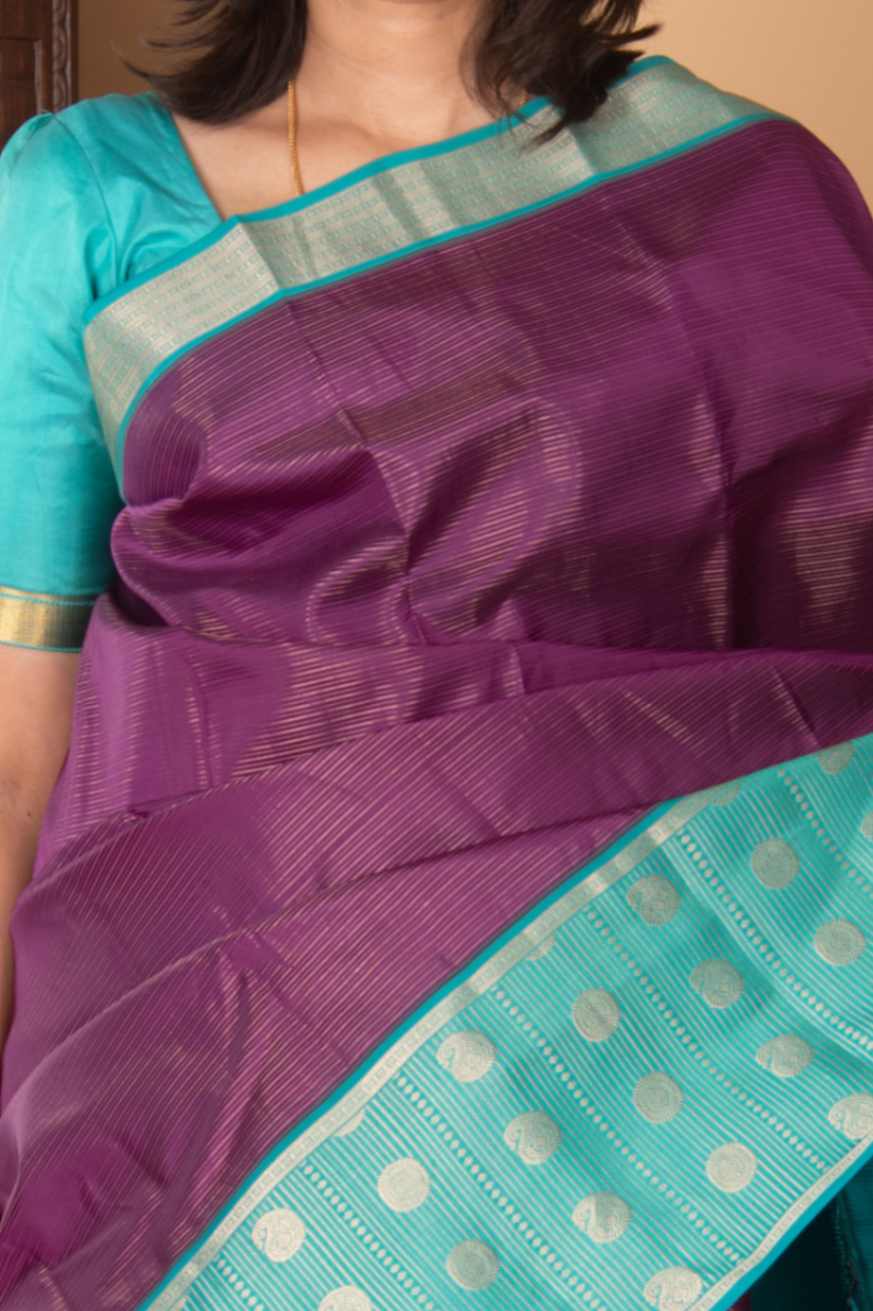 Purple and aqua blue vairaoosi korvai silk saree