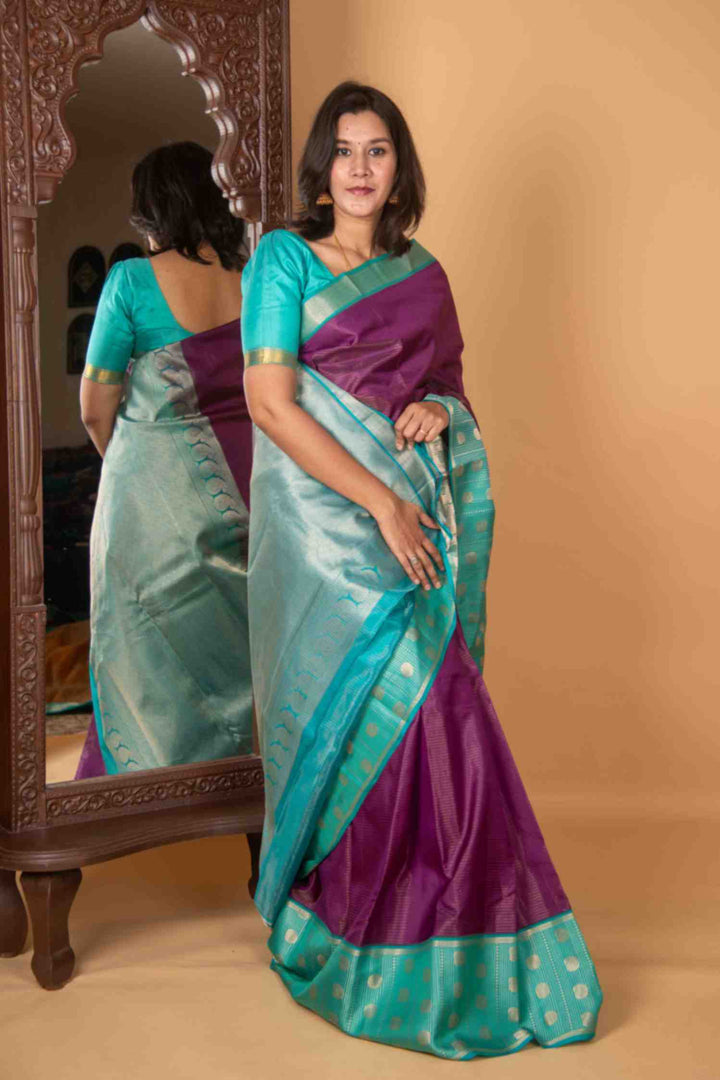 Purple and aqua blue vairaoosi korvai silk saree