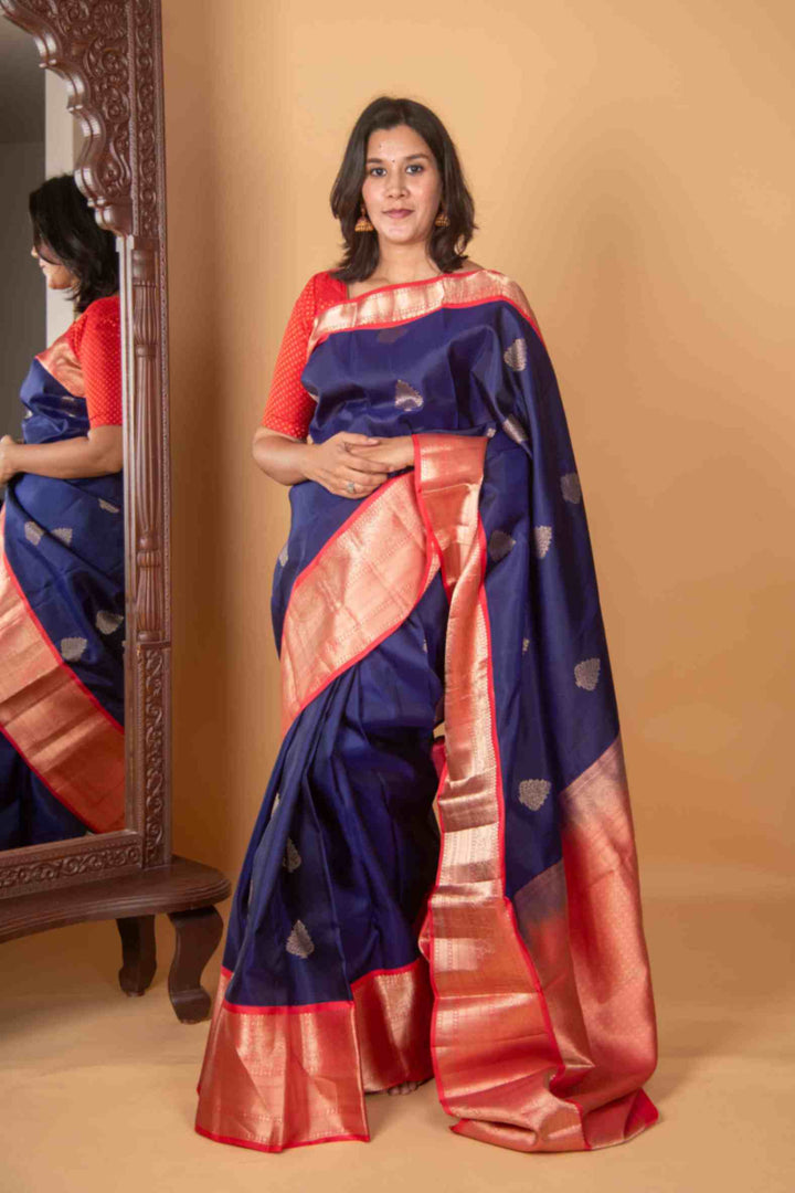 Navyblue and Peach korvai silk saree