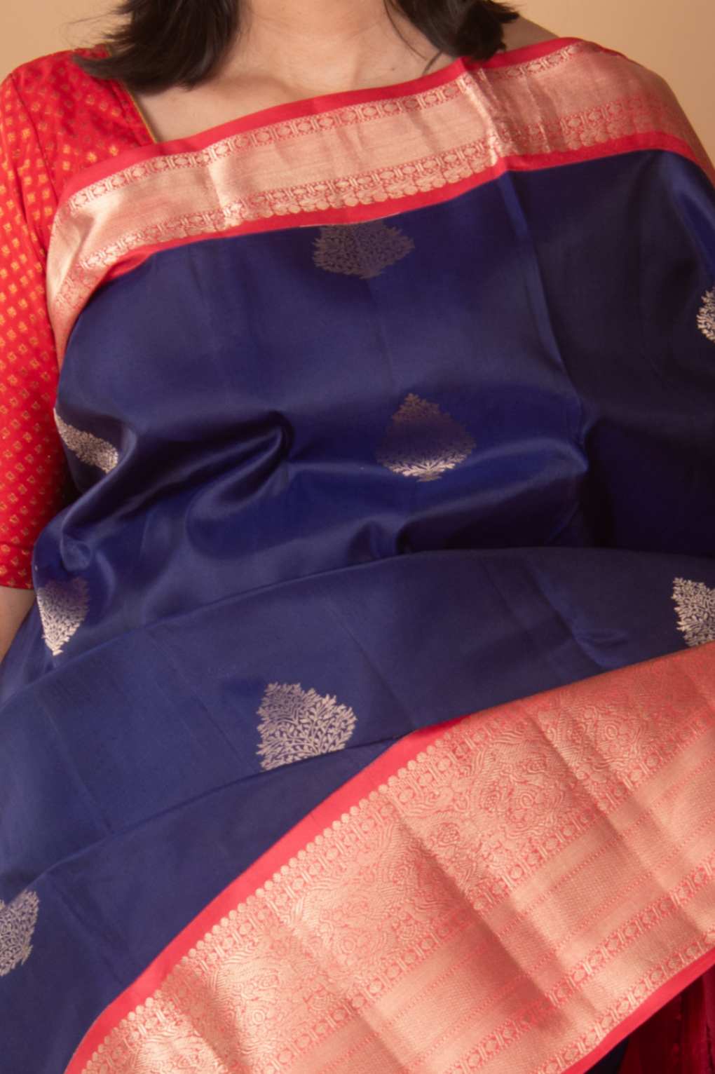 Navyblue and Peach korvai silk saree