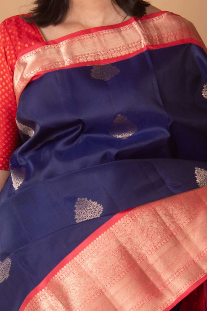 Navyblue and Peach korvai silk saree