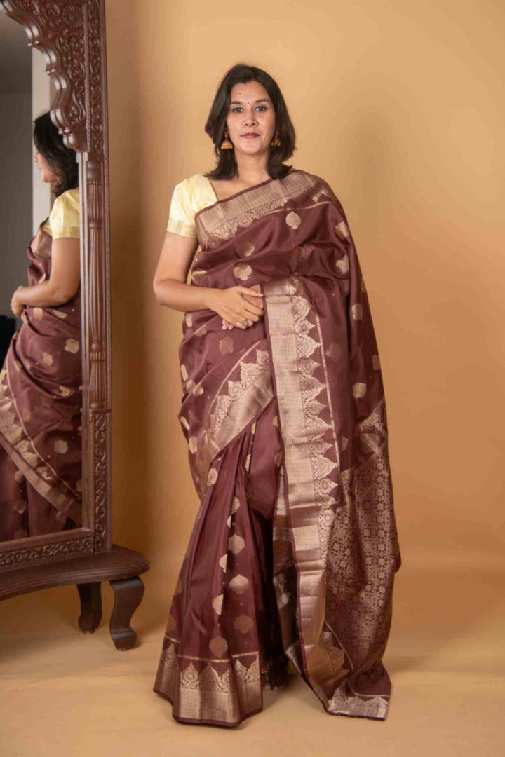 Burnt umber brown pure silk saree