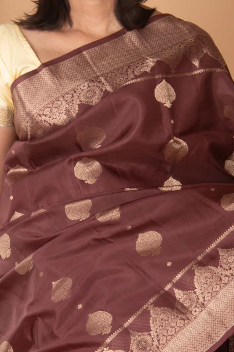Burnt umber brown pure silk saree