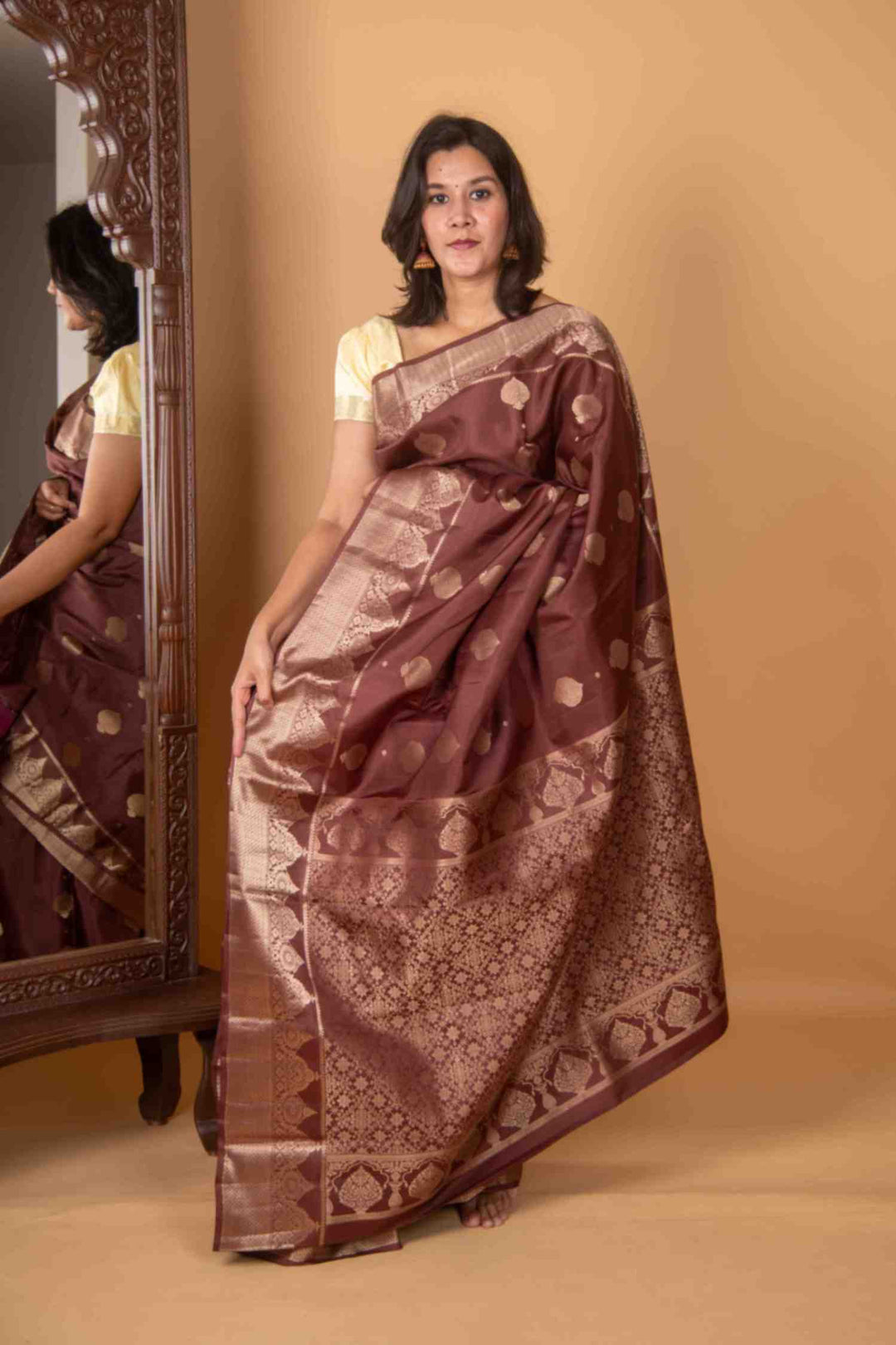 Burnt umber brown pure silk saree