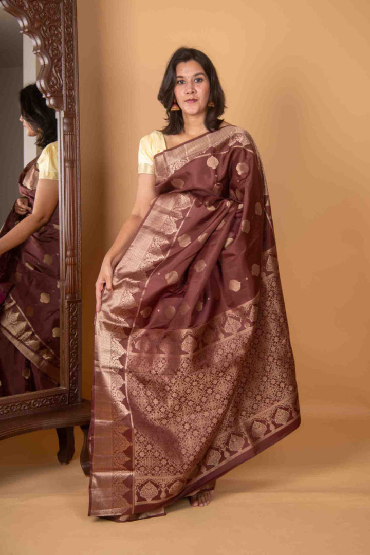 Burnt umber brown pure silk saree