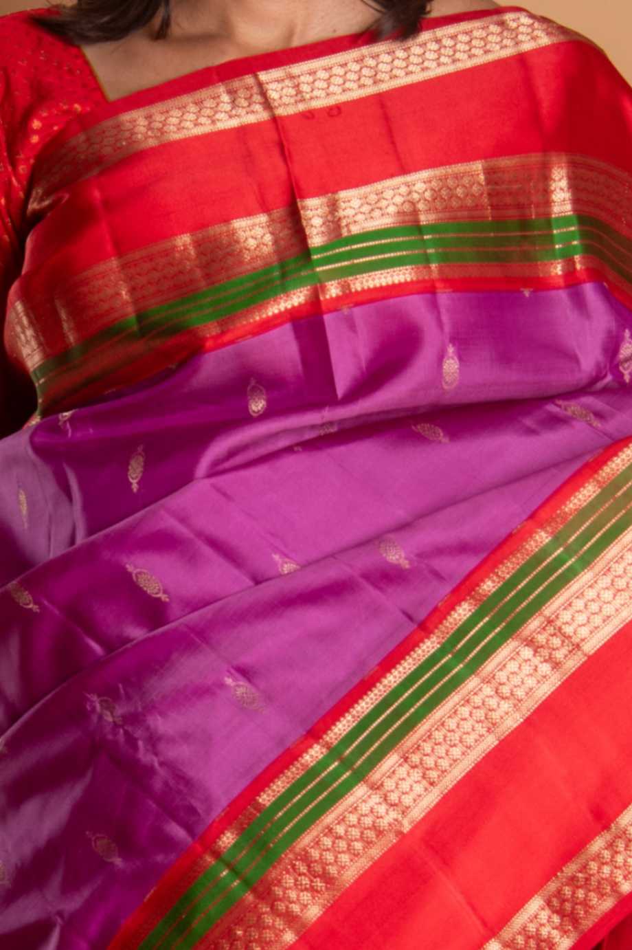Deep orchid purple and red korvai silk saree