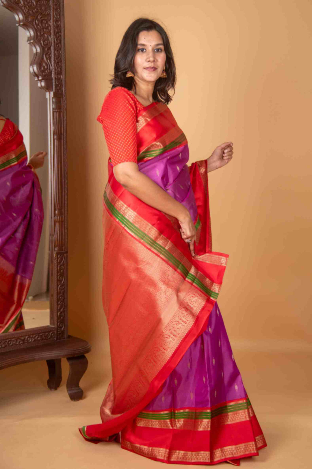 Deep orchid purple and red korvai silk saree
