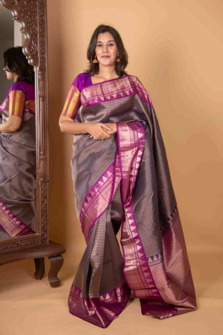 Navyblue and purple temple border brocade silk saree