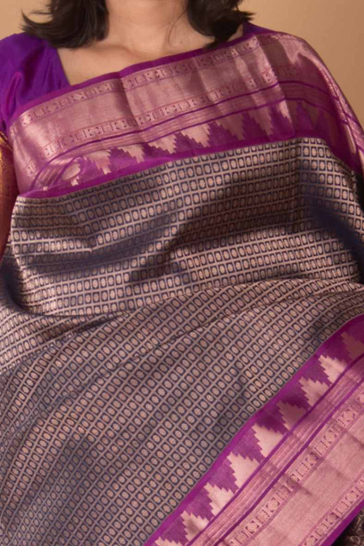 Navyblue and purple temple border brocade silk saree
