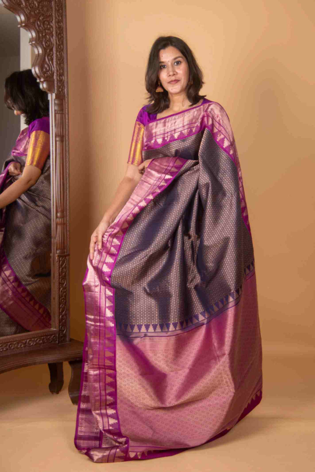 Navyblue and purple temple border brocade silk saree