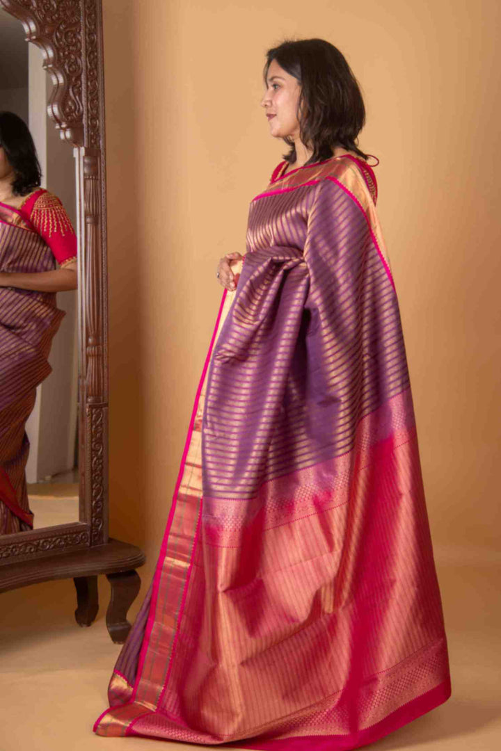 Purple and pink vertical veldhari silk saree