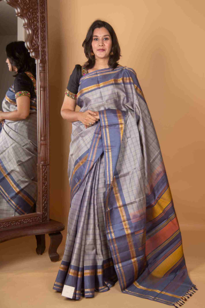 Silver grey and cool grey zero zari silk saree