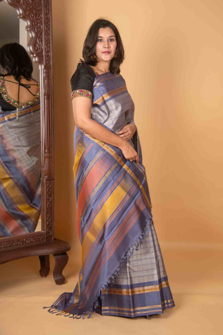 Silver grey and cool grey zero zari silk saree