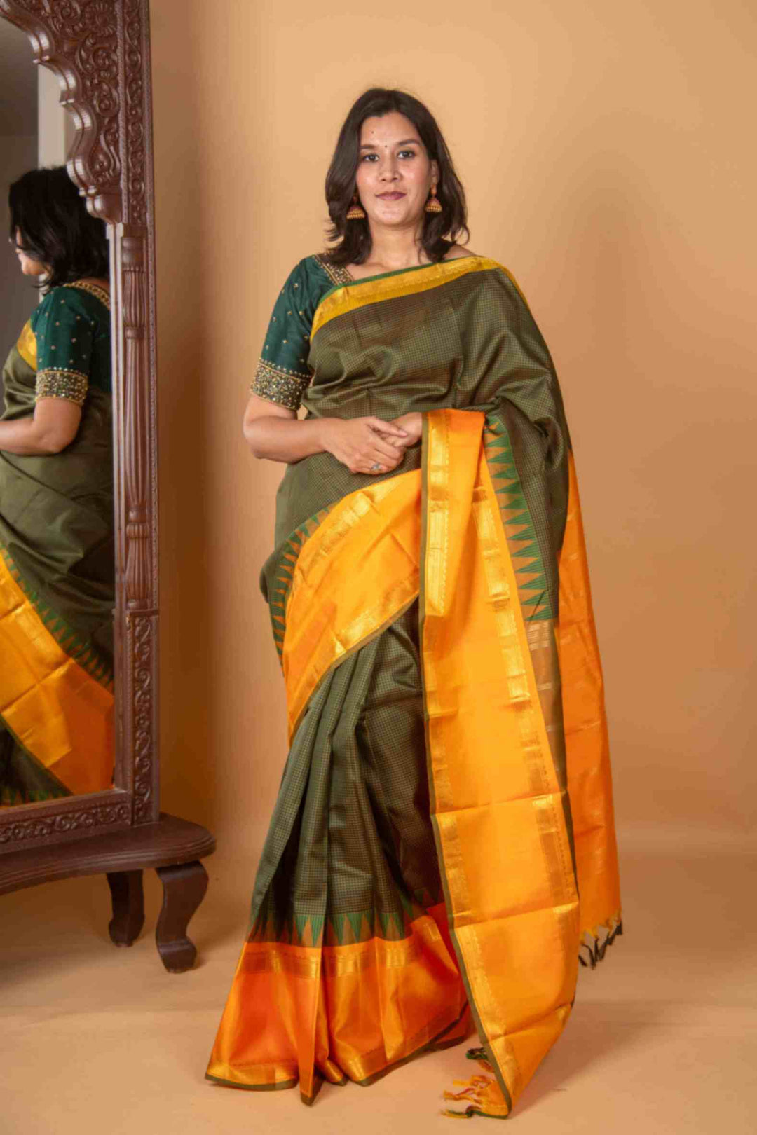 Green and mustard korvai silk saree