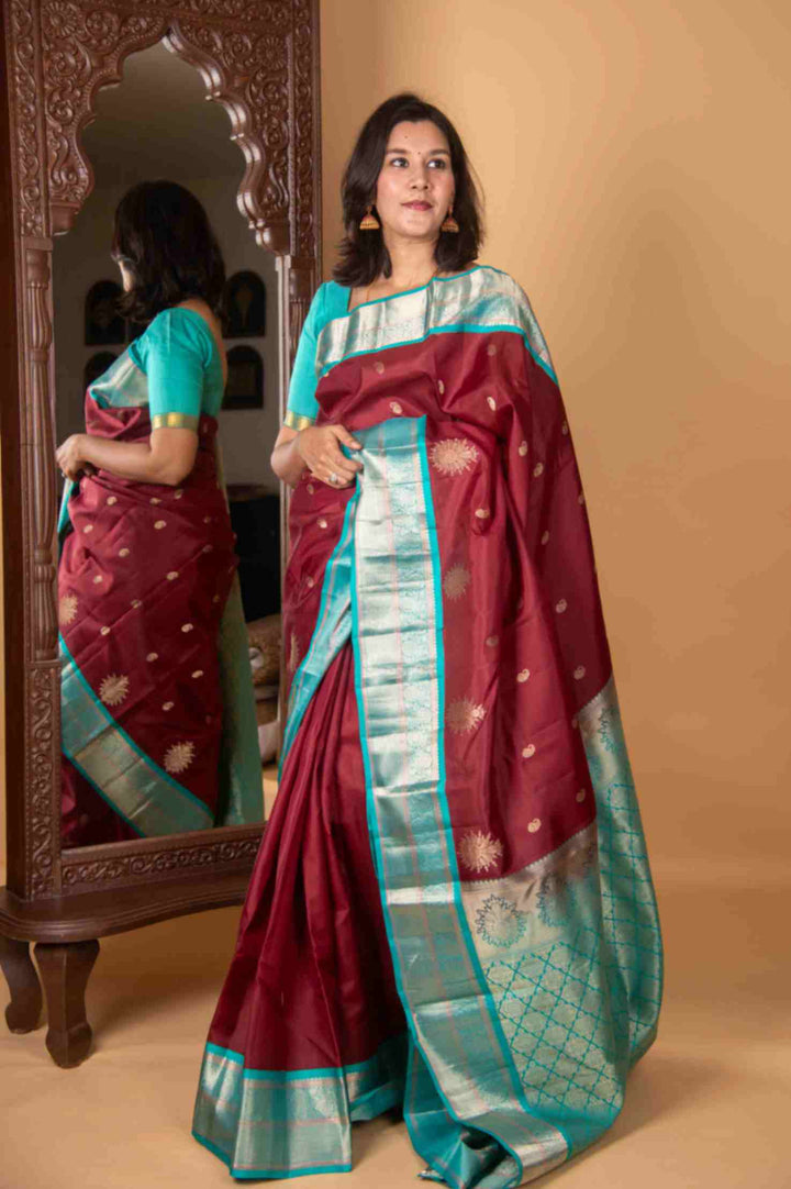 Scarlet and Turquoise Silk Saree