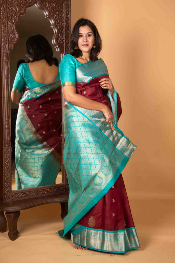 Scarlet and Turquoise Silk Saree