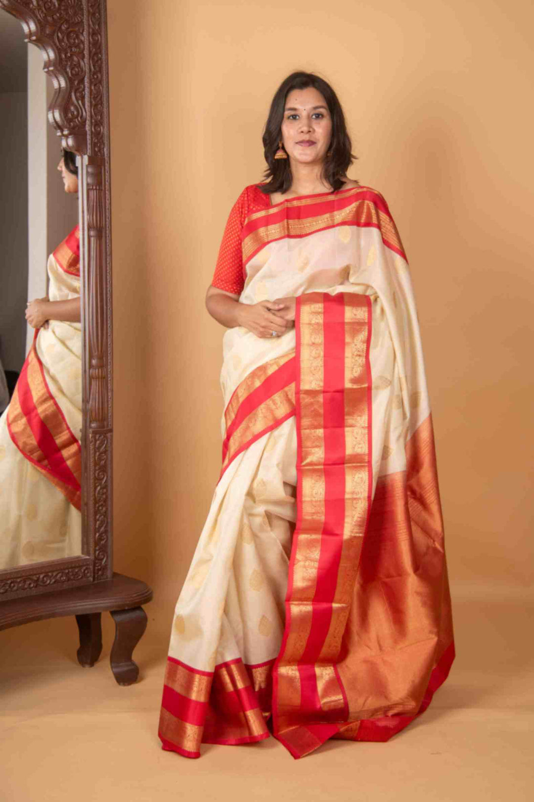 Offwhite and Coral  Silk Saree