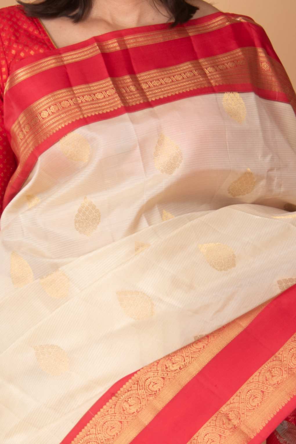 Offwhite and Coral  Silk Saree