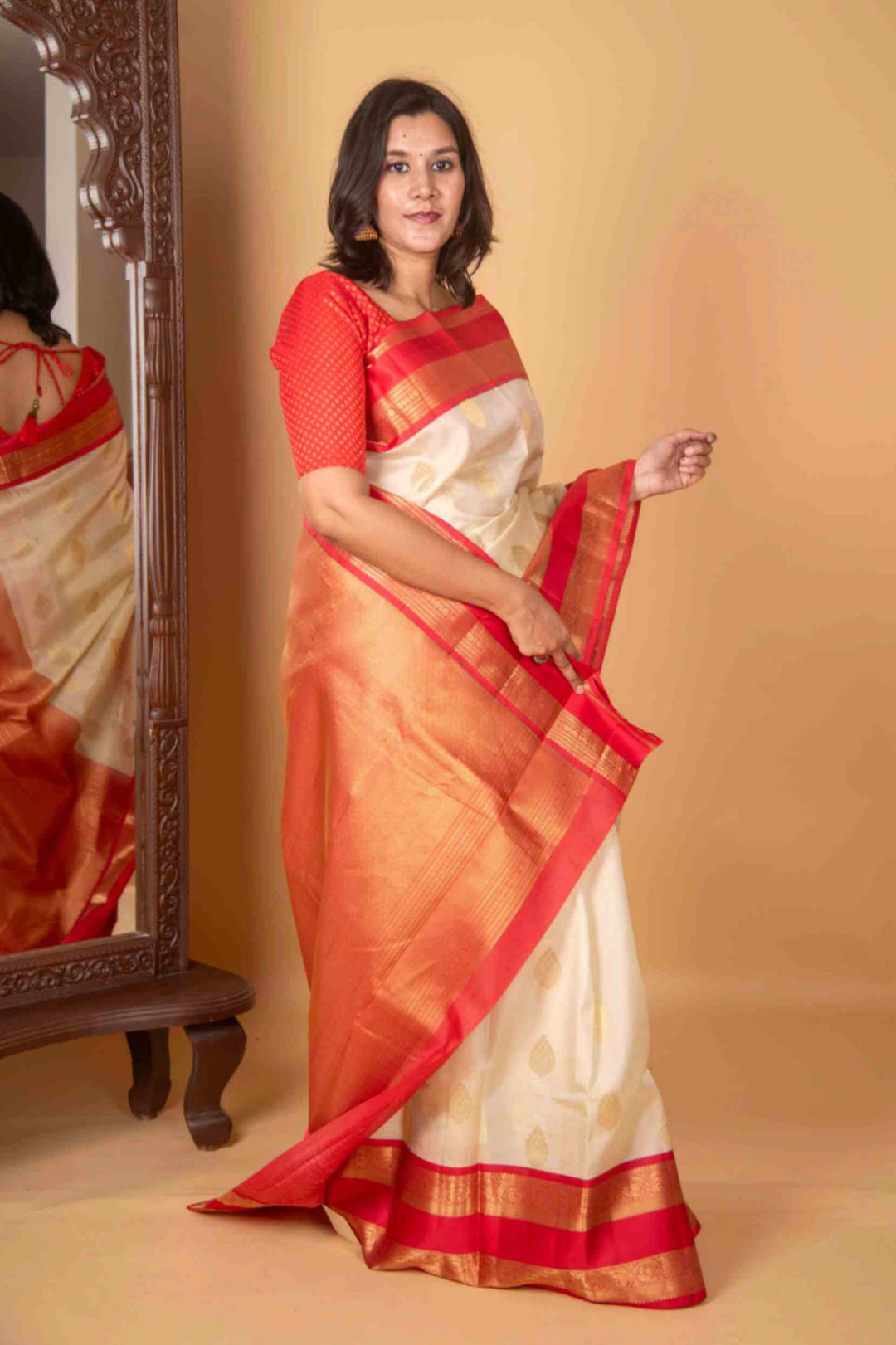 Offwhite and Coral  Silk Saree