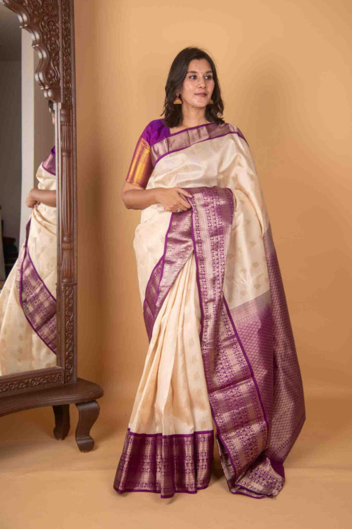 Pearl white and Purple Korvai Silk Saree