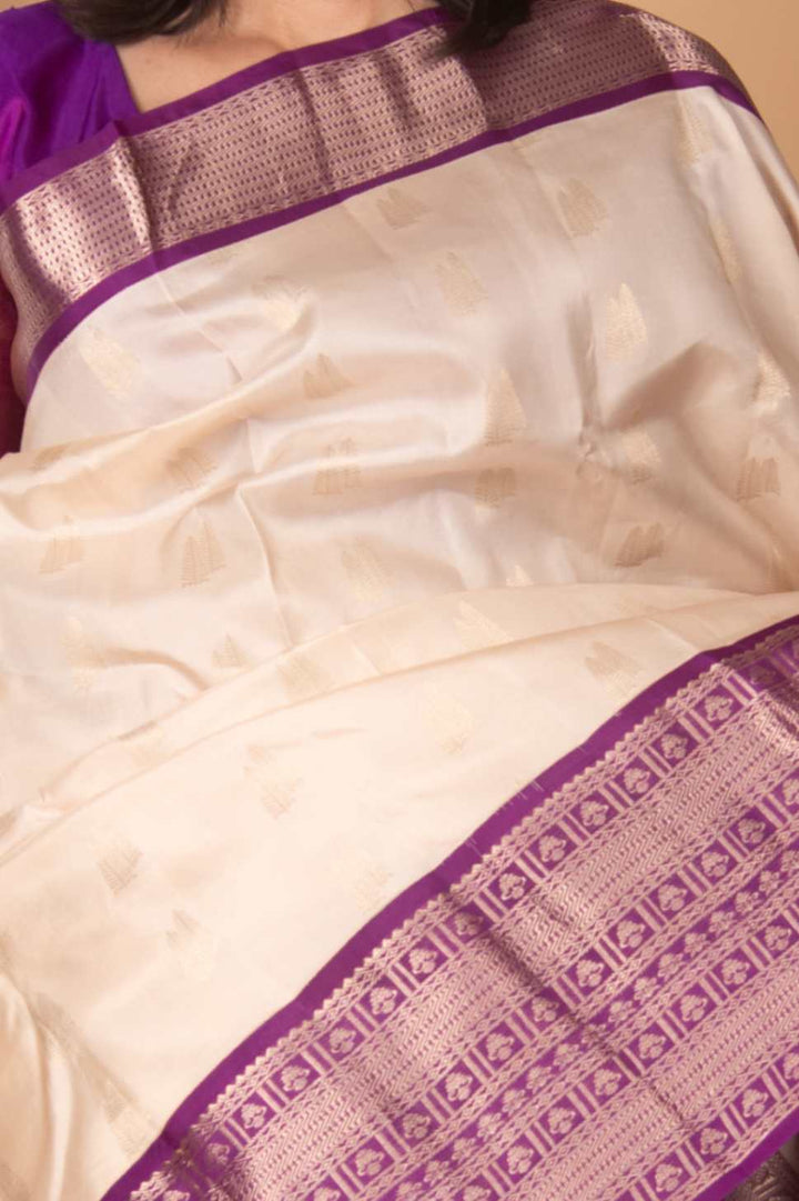 Pearl white and Purple Korvai Silk Saree