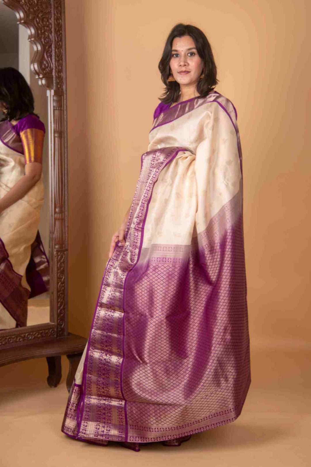 Pearl white and Purple Korvai Silk Saree