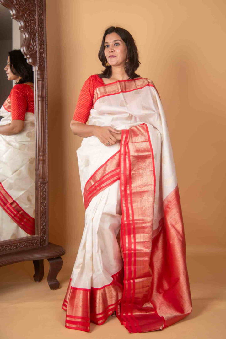 White and Coral Orange Pure Kanjivarm Silk Saree
