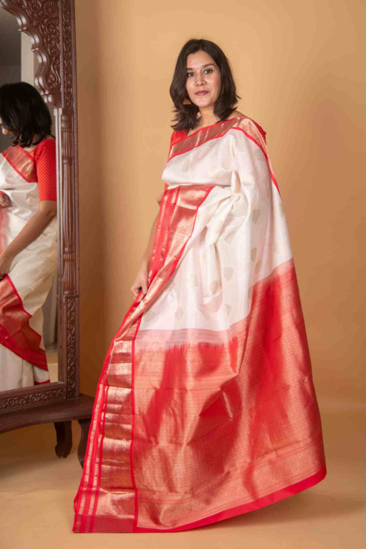 White and Coral Orange Pure Kanjivarm Silk Saree