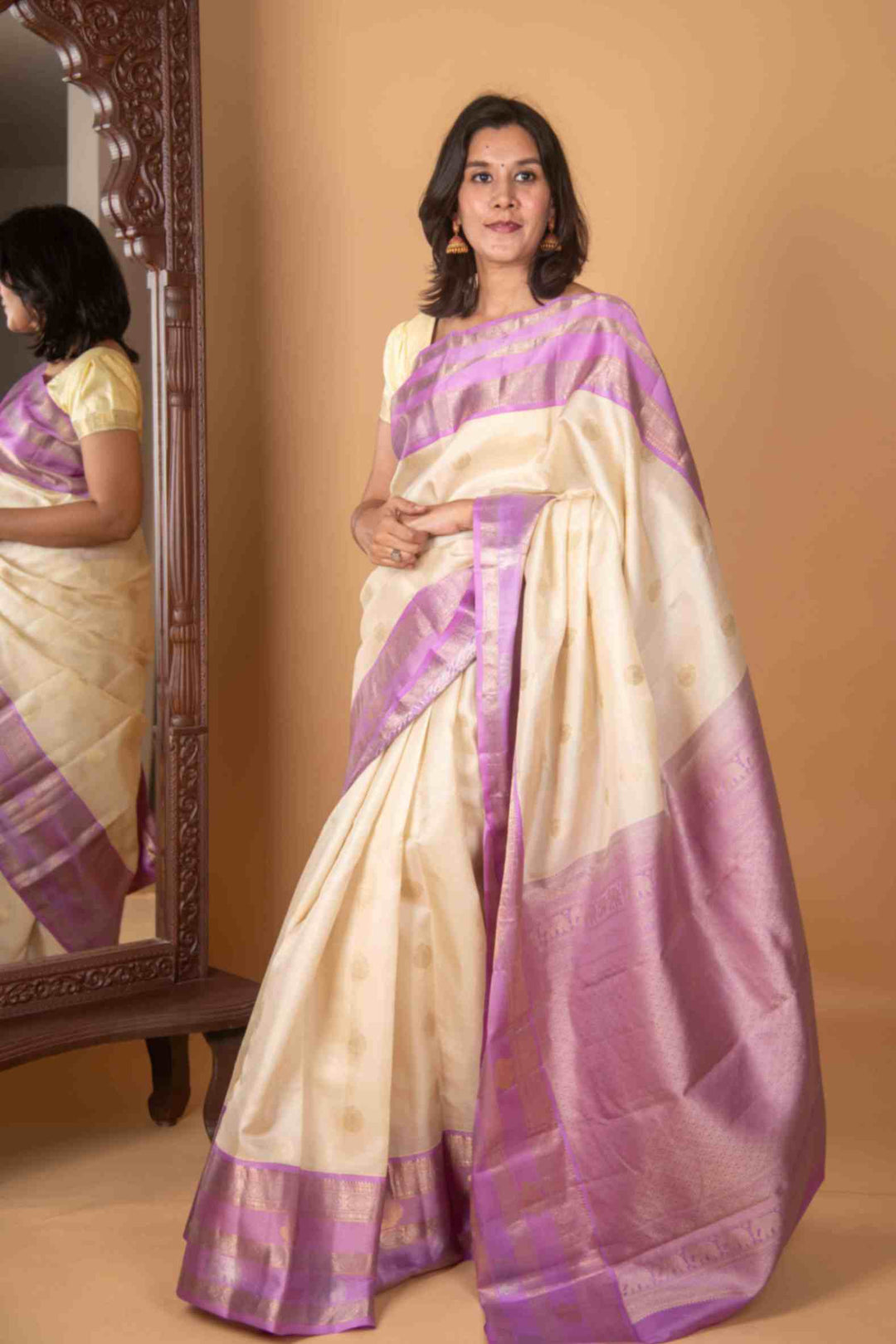 Bone white and Lavender Vairaoosi Silk Saree