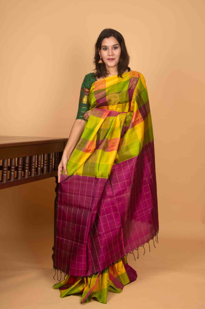 Yellow and green palum pazhamum pure kanchi silk saree