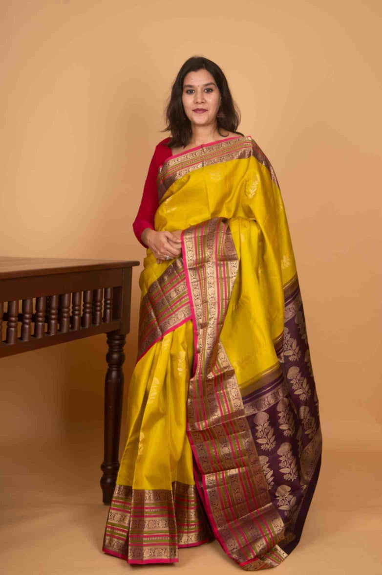 Lemon green and purple korvai silk saree