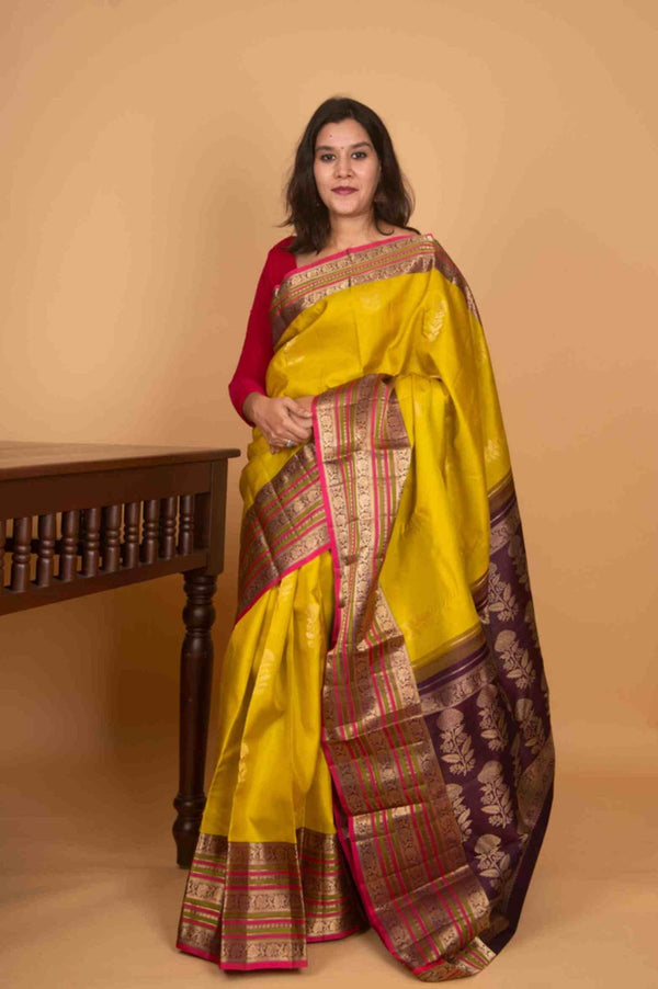 Lemon green and purple korvai silk saree