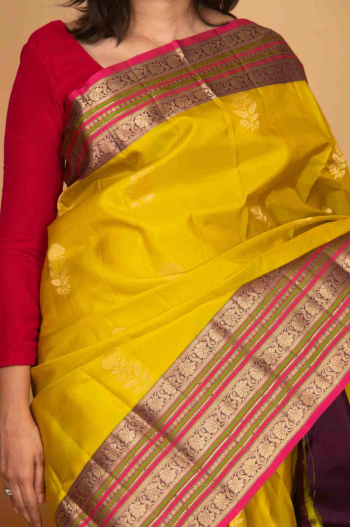 Lemon green and purple korvai silk saree