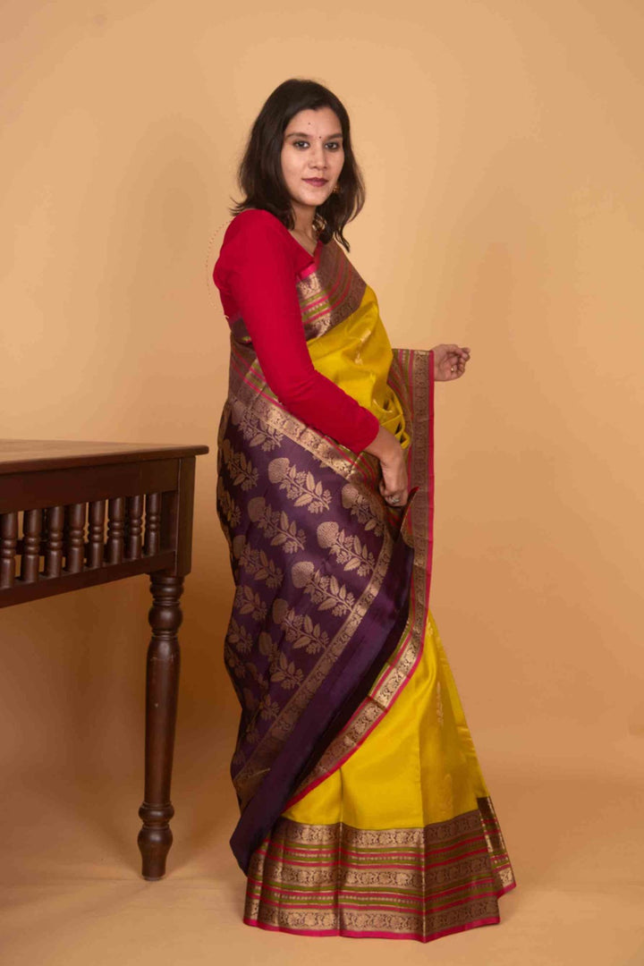 Lemon green and purple korvai silk saree