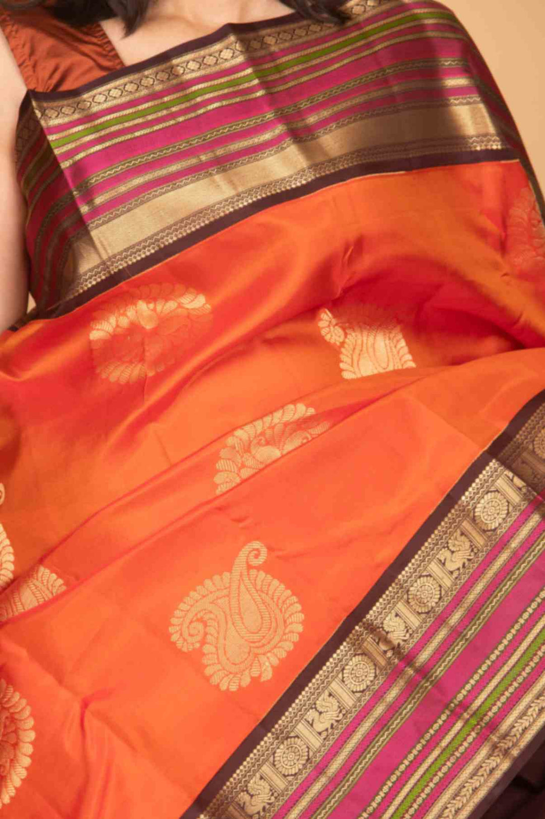 Tiger orange and bean brown korvai silk saree