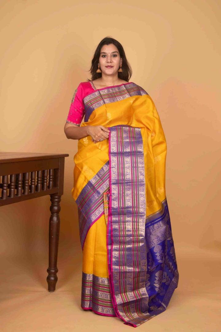 School bus yellow and inkblue korvai kanjivaram silk saree