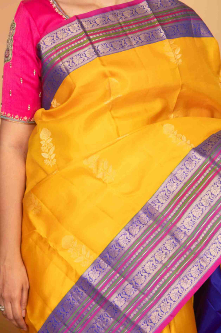 School bus yellow and inkblue korvai kanjivaram silk saree