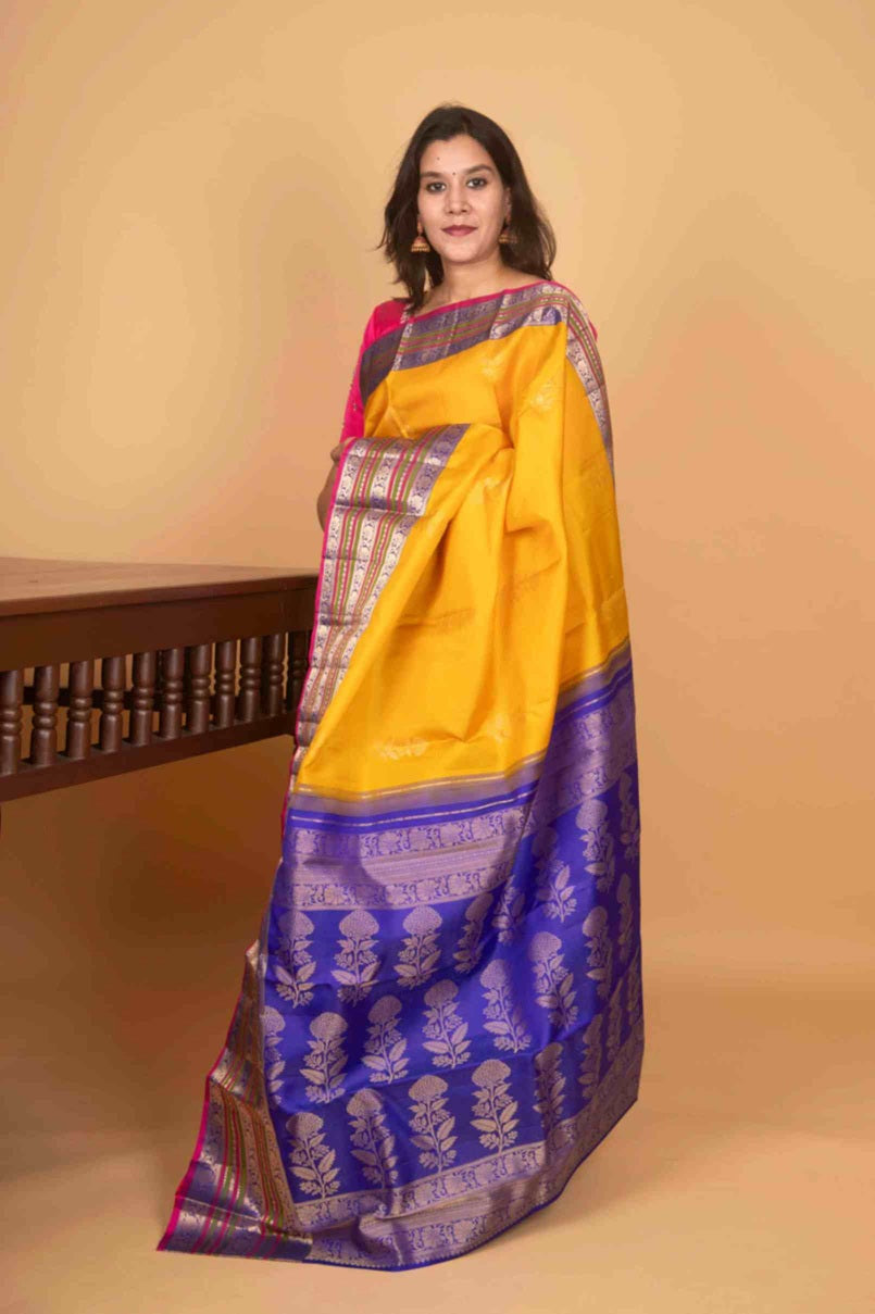 School bus yellow and inkblue korvai kanjivaram silk saree