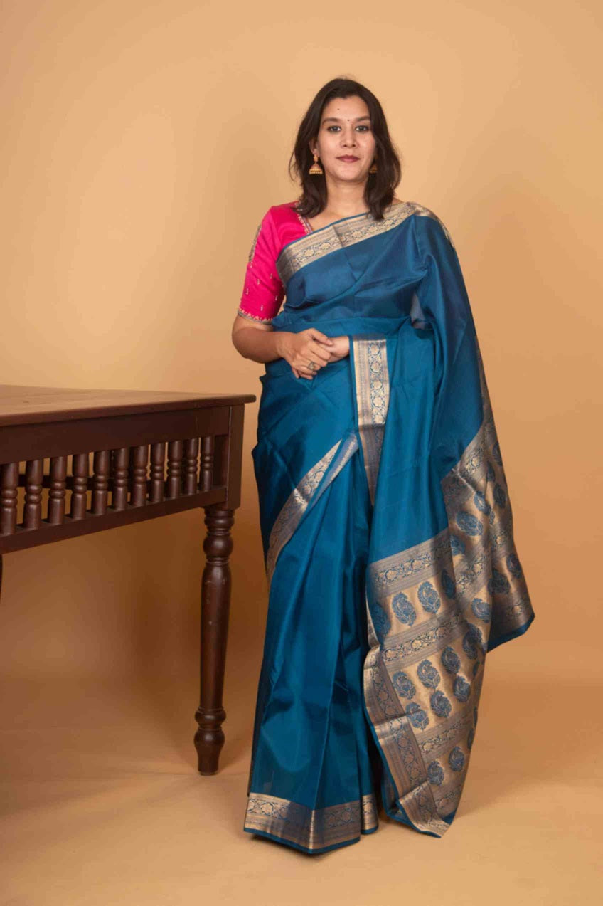 Pecock blue plain kanchi silk saree