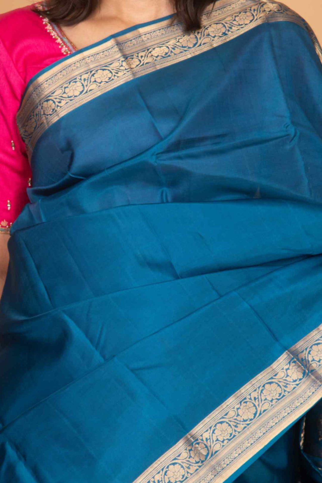 Pecock blue plain kanchi silk saree