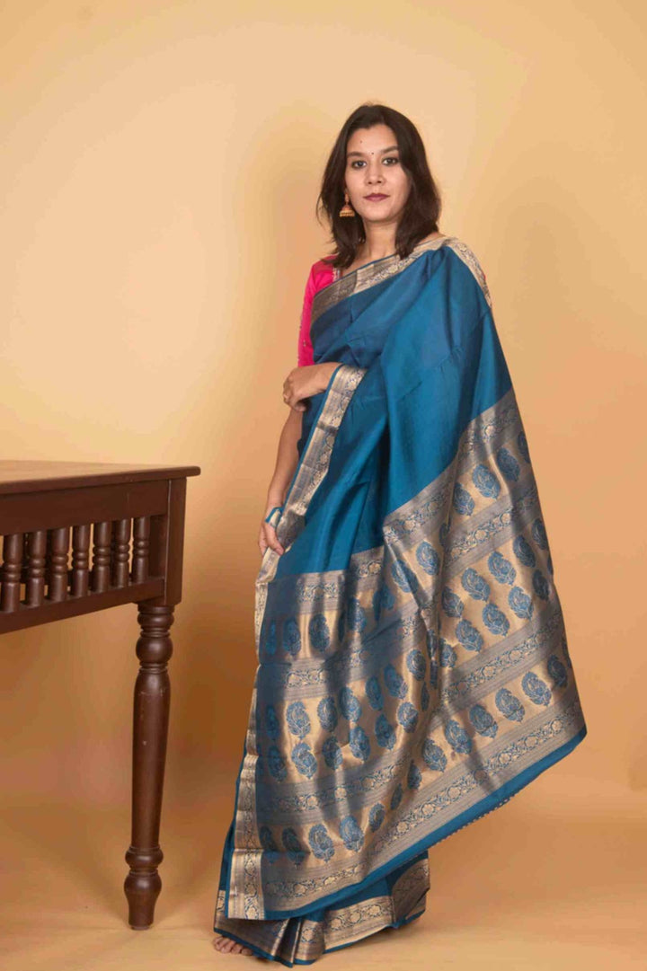 Pecock blue plain kanchi silk saree