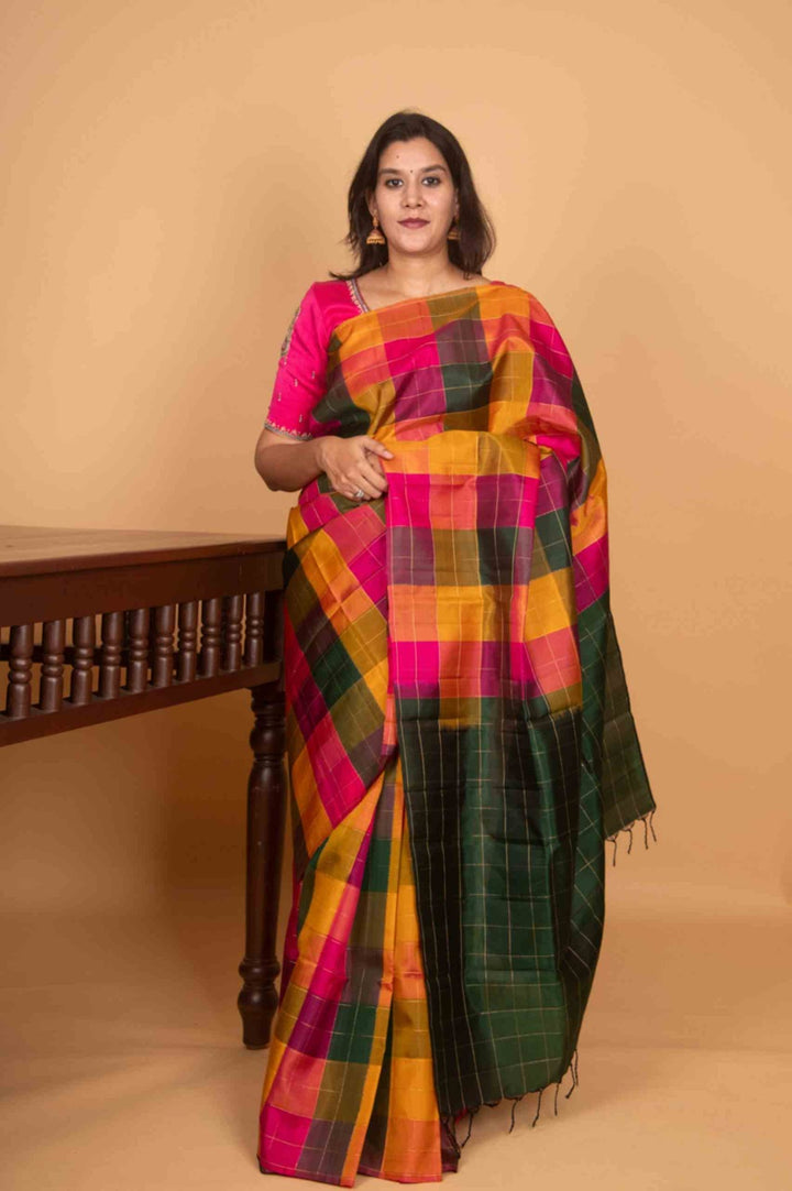 Yellow green and pink palum pazhamum kanchi silk saree