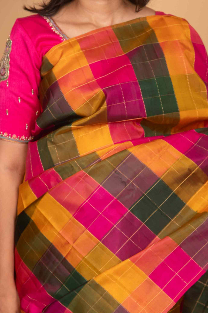 Yellow green and pink palum pazhamum kanchi silk saree