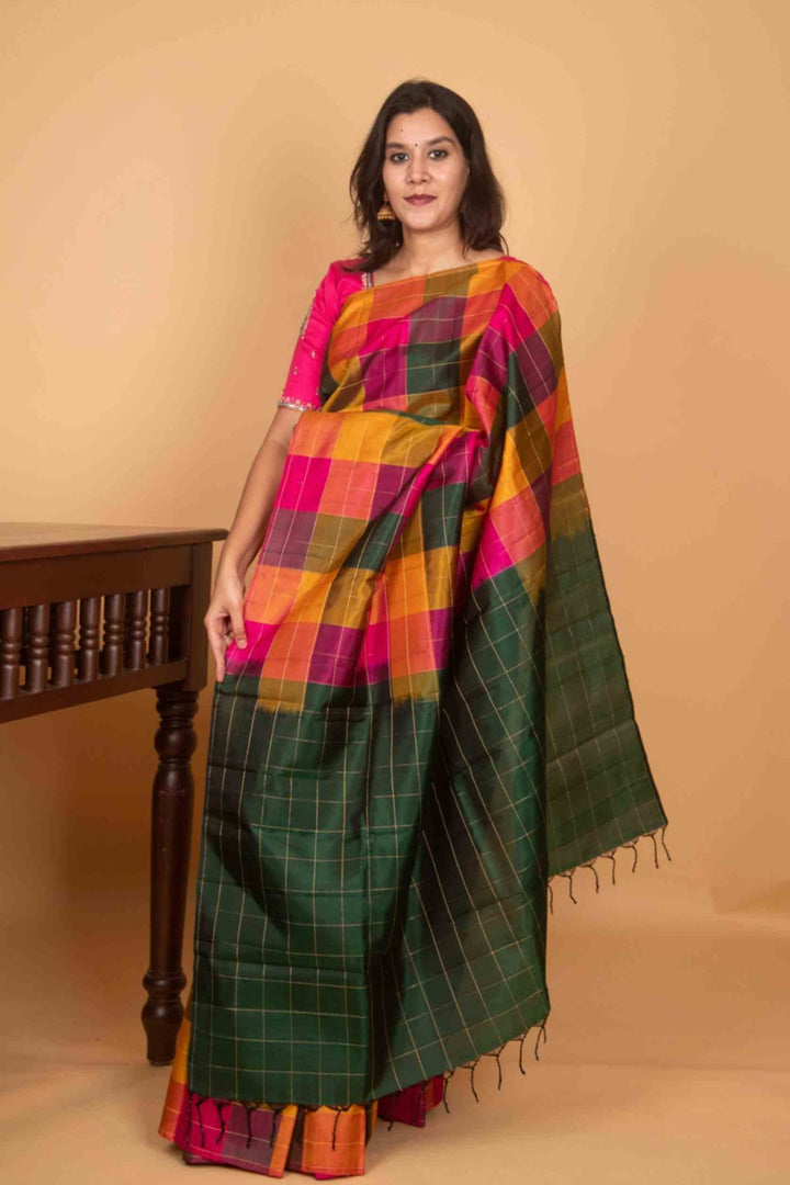 Yellow green and pink palum pazhamum kanchi silk saree